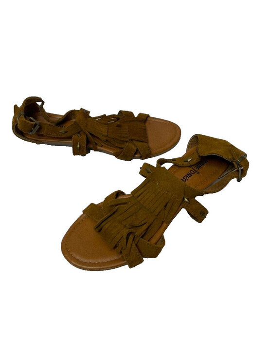 Minnetonka Shoes - Minnetonka Merriam Suede Leather Fringe Studded Open Toe Wedge Sandals Size 9